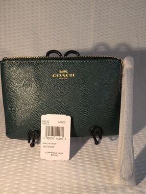Coach L-Zip Wristlet Wallet in Forest Green with Gold Logo